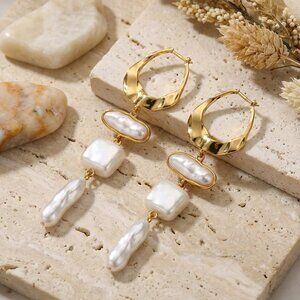 Golden Baroque Pearl Drop Statement Dangle Earrings Boho Chic Bridal Jewelry